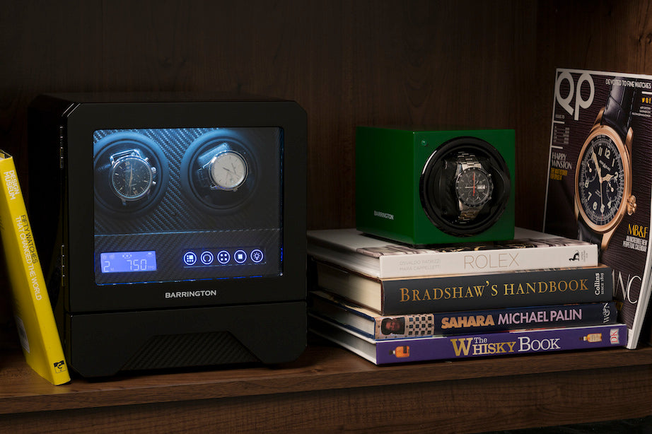 Two Barrington watch winders on a bookshelf